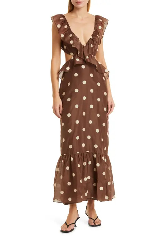 SIR Vivi Ruffle Open Back Cotton & Silk Maxi Dress in Marlon Polka Dot at Nordstrom, Size 3 | Nordstrom