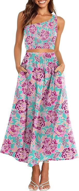 ANRABESS Women's 2 Pieces Outfits One Shoulder Smocked Crop Top & High Waist Long Skirt Dress Set... | Amazon (US)