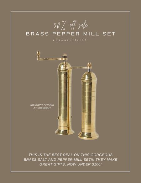 Save 50% off on my gorgeous brass salt and pepper mill set for the lowest price ever!! Makes wonderful gifts! Discounts applied at checkout. Sale is site wide! 

#LTKHome #LTKSaleAlert #LTKFindsUnder100