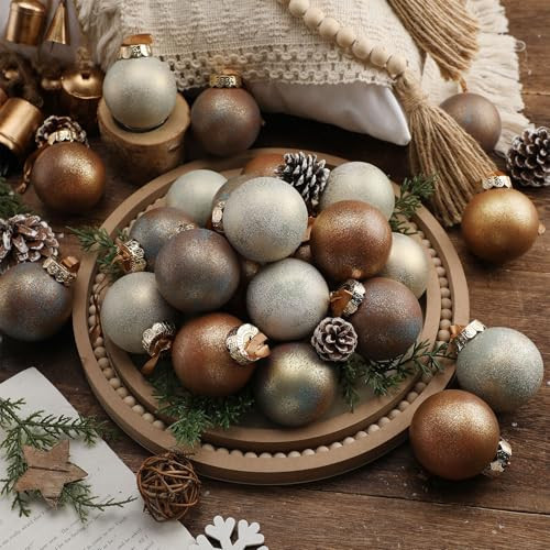 Suilung 24 Pcs Neutral Textured Christmas Ball Ornaments 2.36'' Vintage Christmas Tree Decor Modern Rustic Brown Ornaments with Loop Shatterproof Hanging Ball for Xmas Farmhouse Decor (Earth Color) | Amazon (US)