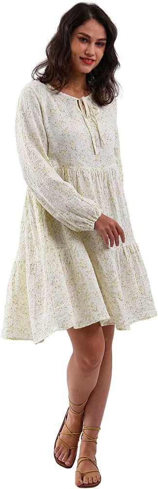 Amazhiyu Women's Cotton Gauze Summer Floral Puff Sleeve Tiered Babydoll Dress | Amazon (US)