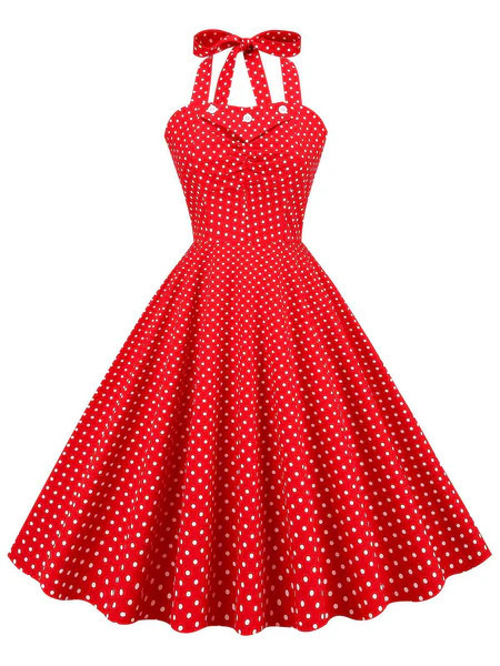 Red 1950s Polka Dot Halter Swing Dress | Retro Stage