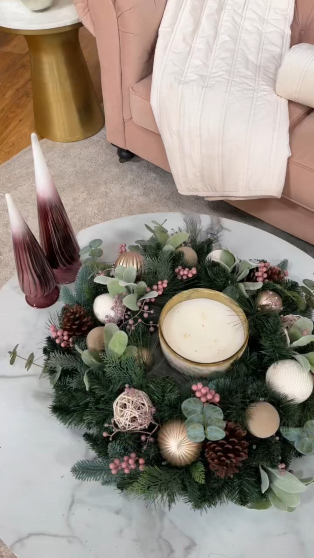 Loved this look in studio at @QVC, Inc!! Who says wreaths need to be hung? Using it as a centerpiece is a total game changer 🫶🏻 #christmas #ornaments #velvet #holidaydecor 