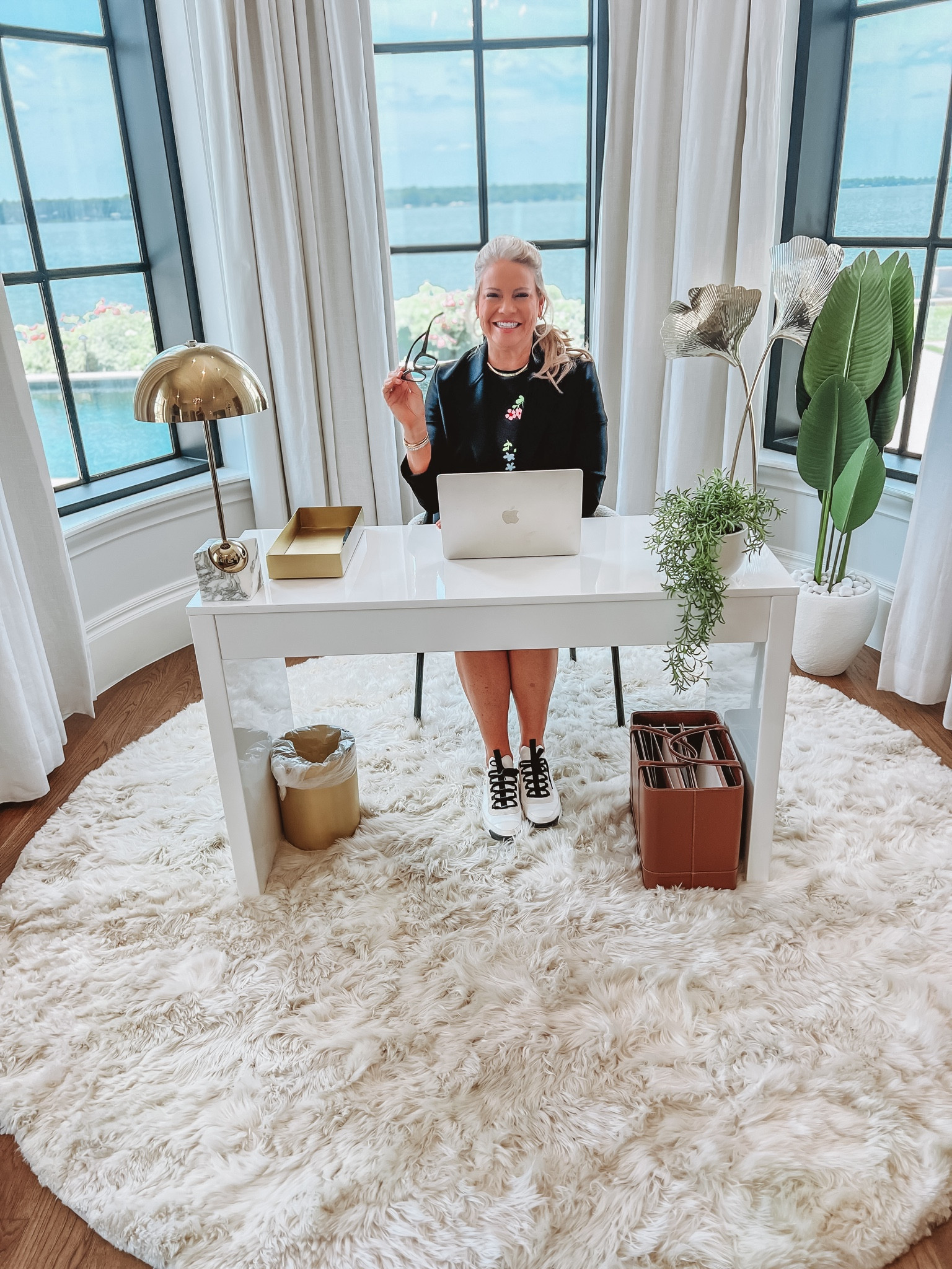 Made a modern office space in our Texas lake house. Office desk. Office accessories. Faux plants. White rug  

#LTKSaleAlert #LTKHome #LTKSummerSales