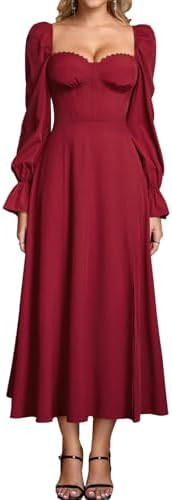 Women High Slit Long Sleeve Maxi Dress Fall Wedding Guest Sweetheart Neckline Casual Long Dresses | Amazon (US)