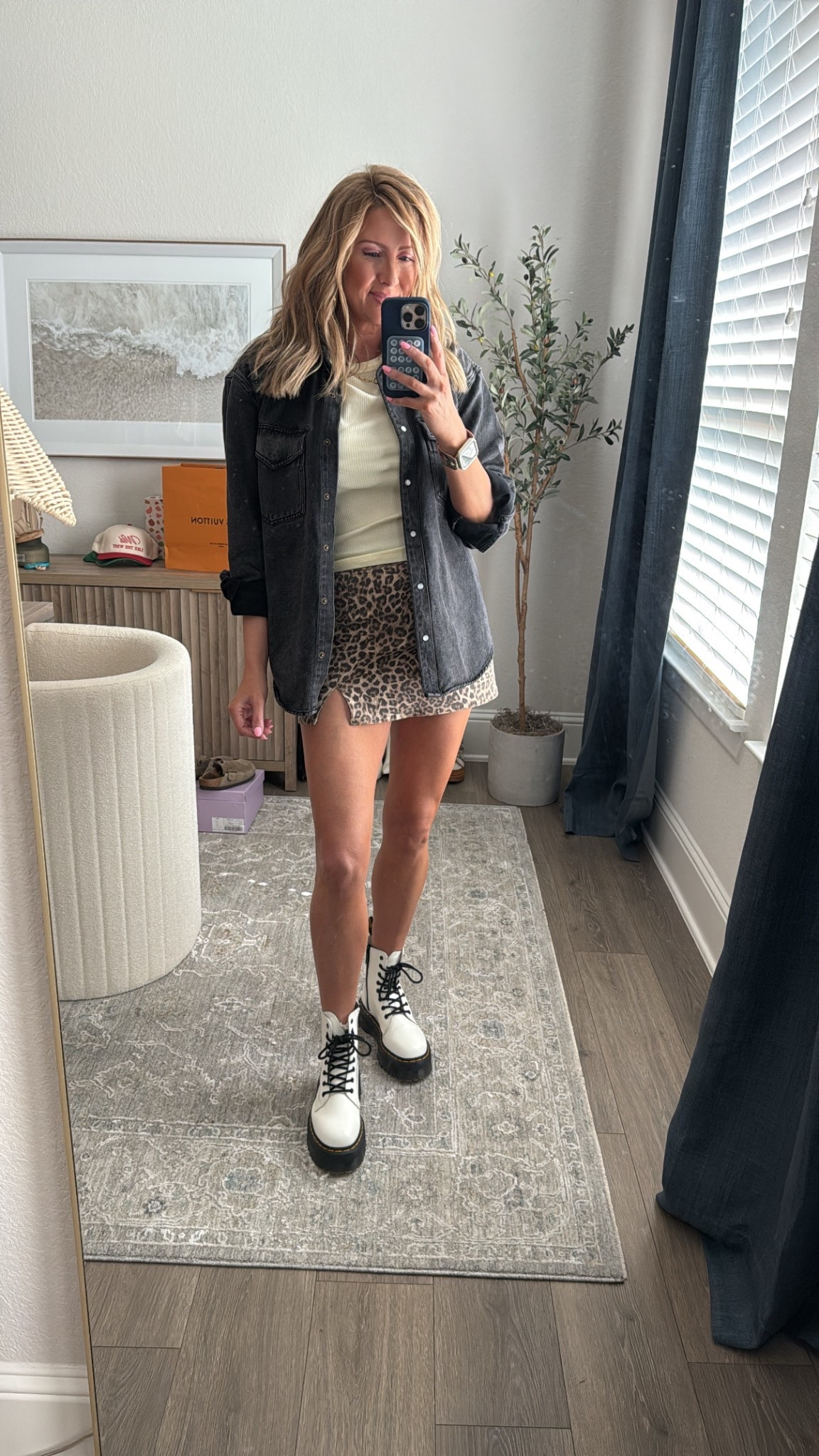 Leopard skirt (has built in shorts) baby yellow tee and black denim shacket. Target and American Eagle  

#LTKOver40 #LTKSaleAlert #LTKFindsUnder50