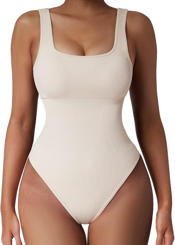 SUUKSESS Women Ribbed Sexy Bodysuit Sleeveless Square Neck Padded Tank Top | Amazon (US)
