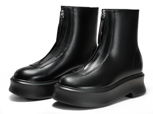 Coutgo Womens Platform Ankle Boots Comfortable Block Low Heel Chelsea Booties Casual Fall Boots with Front Zipper, Cool Black, Size 9.5 | Amazon (US)