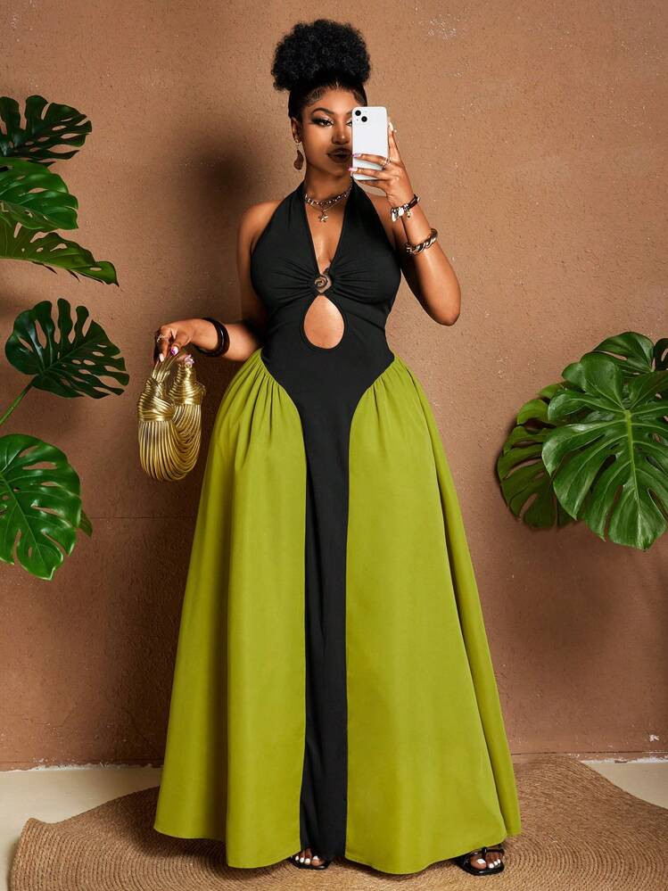 Maweii Plus Size Women Plunging Neckline Tied Metal Buckle Asymmetric Patchwork Slit Hem Semi-Sheer Summer Sexy Resort Dress | SHEIN