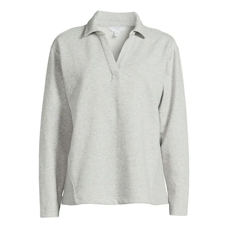 Time and Tru Women's Split Neck Long Sleeve Collared Sweatshirt with Contrast Rib Side Panels XS-... | Walmart (US)