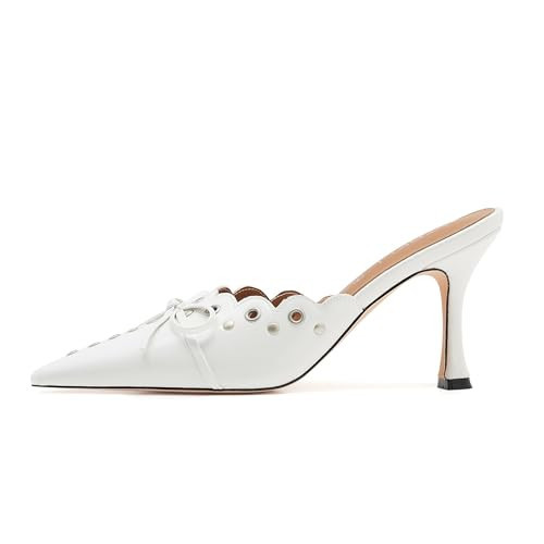 ATBELL Kitten Heel Mules for Women Bow Tie Suede Stiletto Heels Mule Pointed Toe Studs Slide Heeled Sandal Pumps for Wedding Dress Party White in Size 9.5 | Amazon (US)