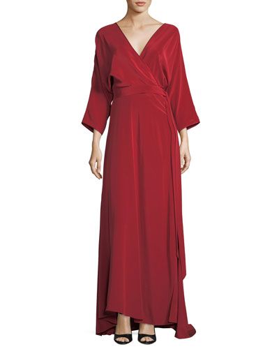 Long-Sleeve Floor-Length Silk Faux-Wrap Dress | Neiman Marcus