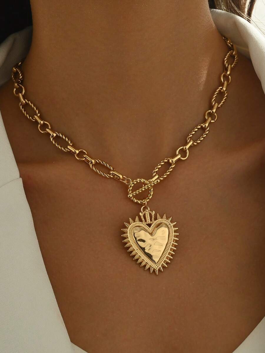 1pc Minimalism Simple Chunky Heart Decor Hammering Pattern Creative Chunky Charm Necklace Gold Ch... | SHEIN