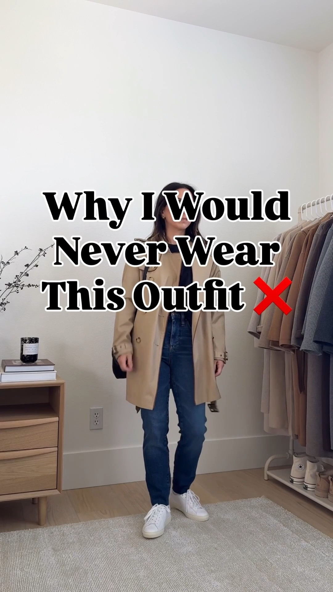 Why I would never wear this outfit: tight short trench coat. 

Outfit details:

Oak + fort trench xxs
Madewell tee xs
Levi’s 501 crop jeans 26, but could wear the 25
Onitsuka Tiger sneakers 4 men’s
Mansur Gavriel tote 
Madewell socks (old)
YSL sunglasses 

Petite style 

#LTKPetite #LTKootd