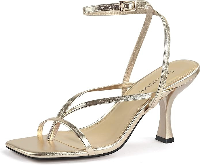 Carcuume Womens Kitten Heels Square Toe Thong Strappy Ankle Strap Stiletto Heel Sandals | Amazon (US)