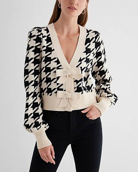 Houndstooth V-Neck Bow Cardigan | Express
