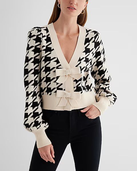 Houndstooth V-neck Bow Cardigan | Express