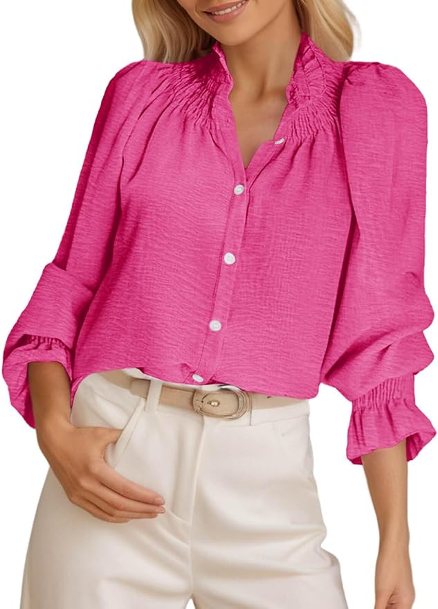 Tankaneo Womens Puff Long Sleeve Button Down Shirts Ruffle Mock Neck Blouses Dressy Casual Loose ... | Amazon (US)