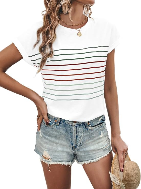 Womens Summer Tops Short Dolman Sleeve Crew Neck Striped Shirts Spring 2026 Fashion Beach Vacatio... | Amazon (US)