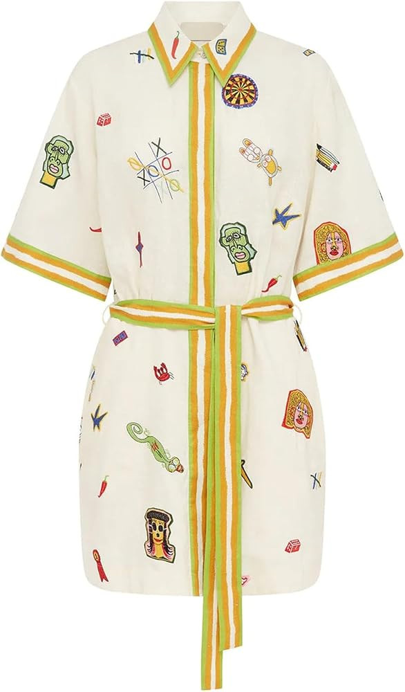 Women's Y2K Floral Graffiti Mini Sundress - Short Sleeve A-Line Shirt Dress with Cute Lace-Up Tri... | Amazon (US)