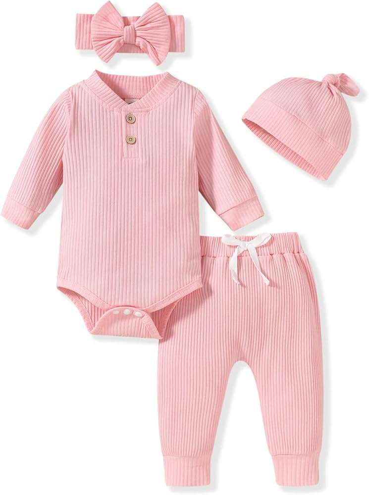 Aalizzwell Gender Neutral Long Sleeve Baby Ribbed Outfit with Hat & Headband | Amazon (US)