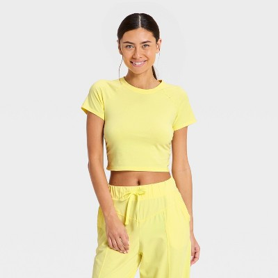 Women's Washed Jersey Cropped Short Sleeve Top - JoyLab™ Yellow L | Target