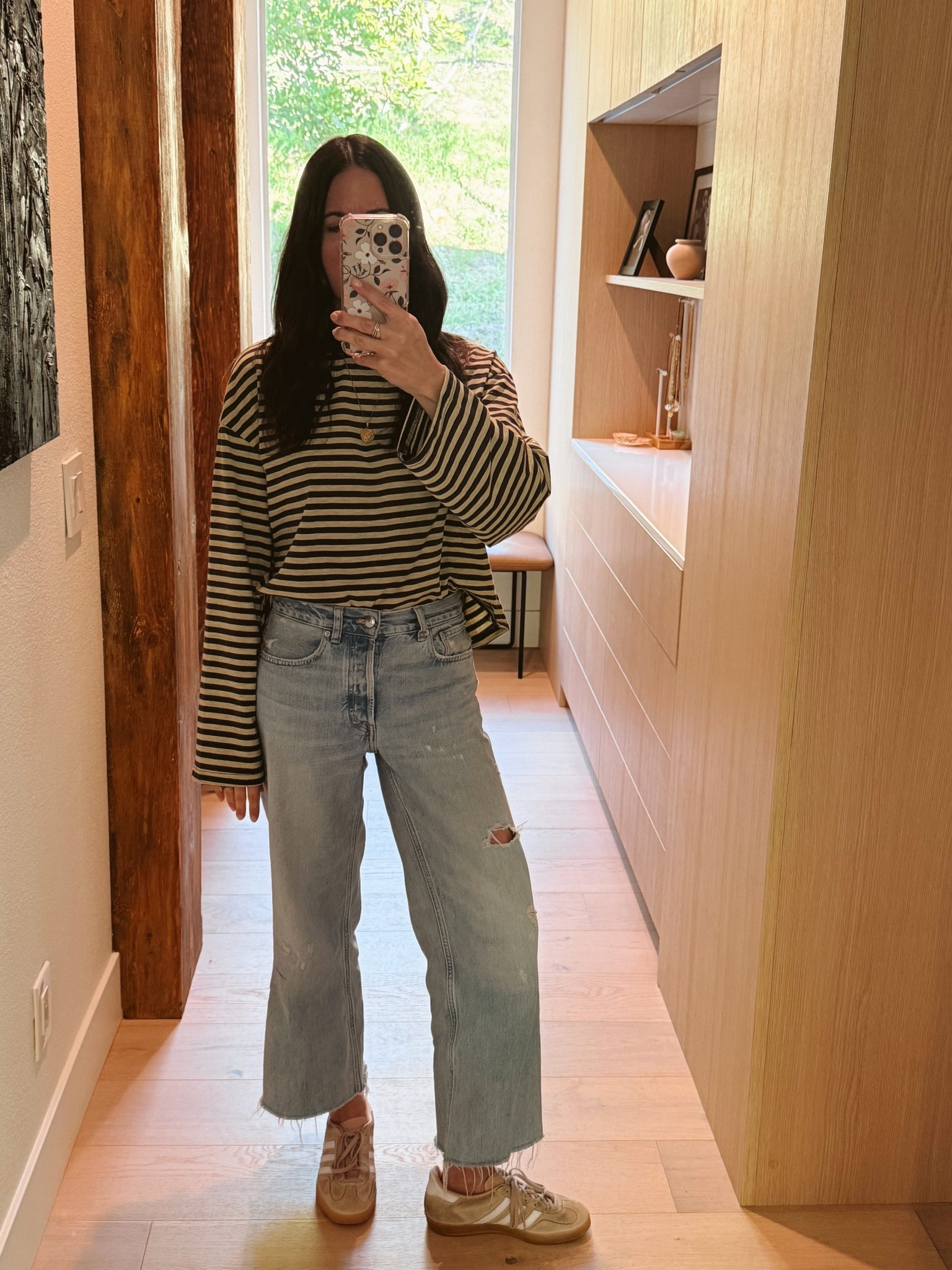 OOTD - favorite comfy causal jeans and love this top. Wearing a size medium in the top. Jeans and Adidas run TTS. 

#LTKootd