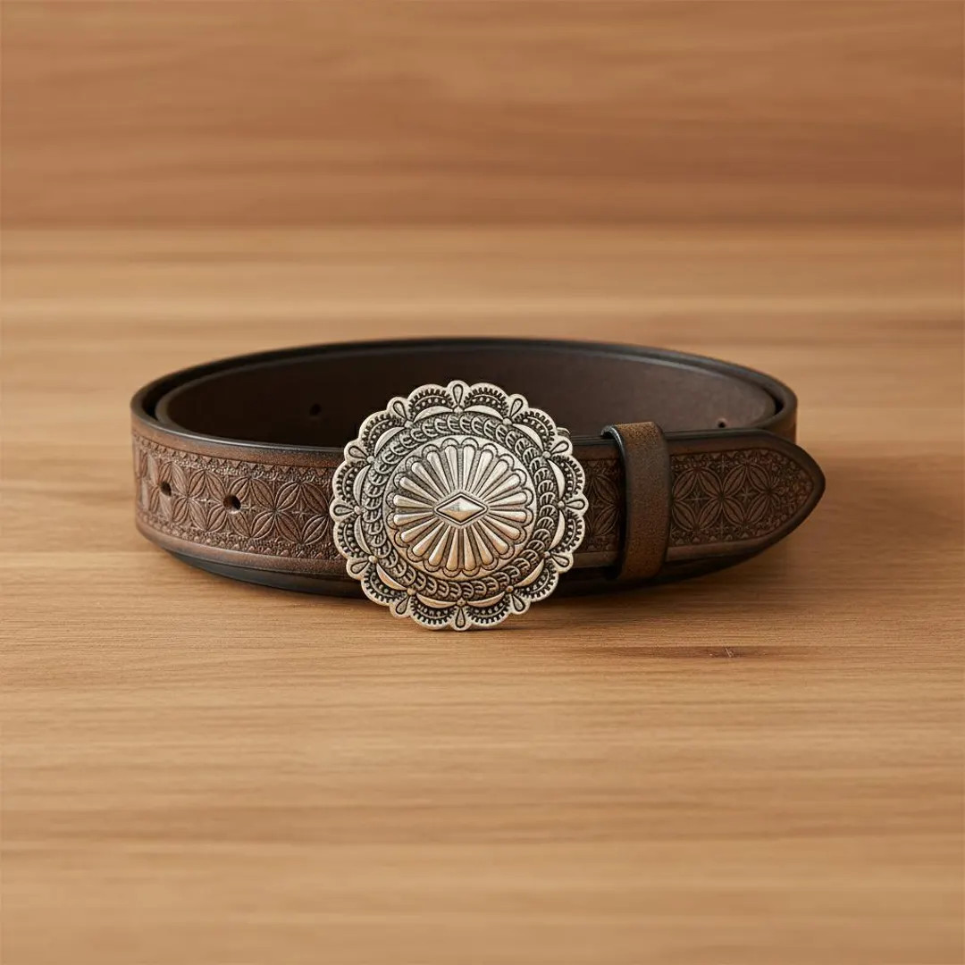 Hand-Tooled Leather Belt with Ornate Silver Concho Buckle - Vintage Western Style Boho Leather Wa... | Etsy (US)