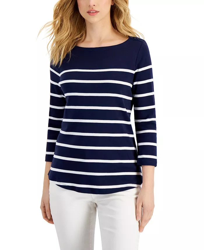 Women's Striped Boat-Neck 3/4-Sleeve Top, Created for Macy's | Macys (US)