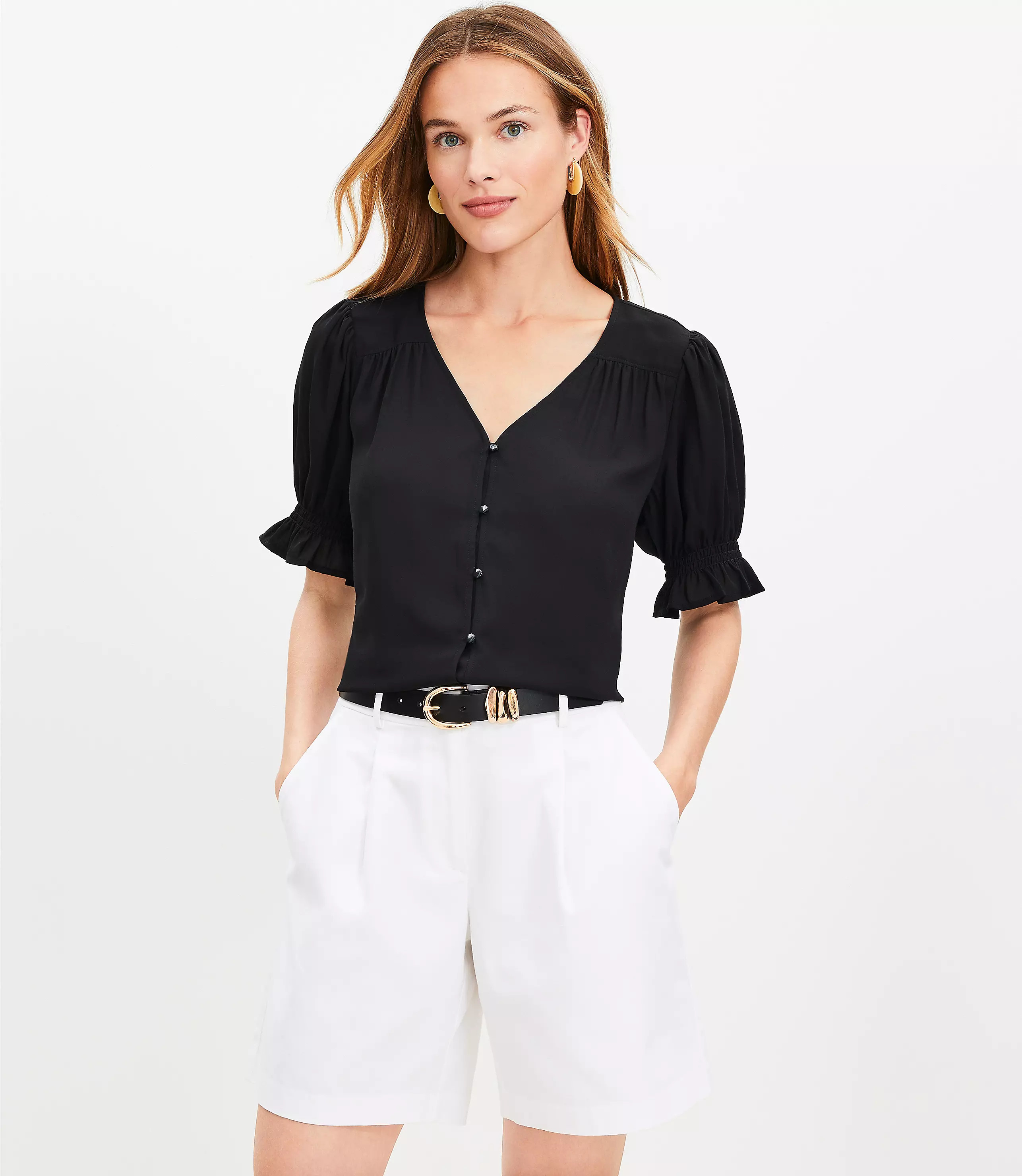 Puff Sleeve V-Neck Mixed Media Top | LOFT
