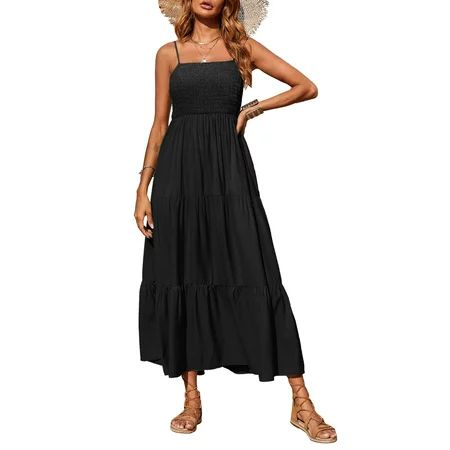 Women Summer Spaghetti Strap Maxi Dress Sleeveless Square Neck Smocked Boho Beach Flowy Swing Long S | Walmart (US)