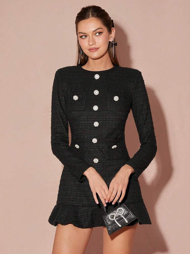 Enchnt Spring/Winter Romantic Women's Black Exquisite Pearl Button Decor Round Neck Long Sleeve R... | SHEIN