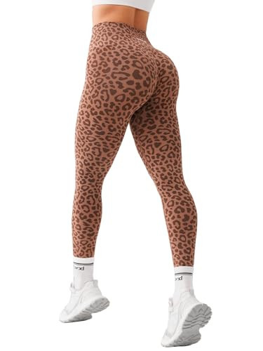 BRXL Butt Lifting Workout Lycra Leggings for Women Tummy Control High Waist Seamless No Front Seam Gym Yoga Running Leggings Leopard Brown L | Amazon (US)