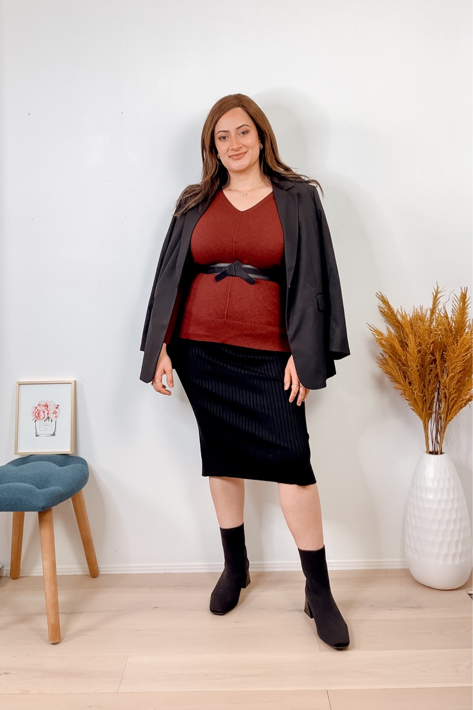 Valentines day work outfit idea. Burgundy v neck tunic sweater, ribbed midi skirt. Blazer, VIVAIA sustainable water repellent ankle boots 

#LTKSeasonal #LTKunder100 #LTKstyletip