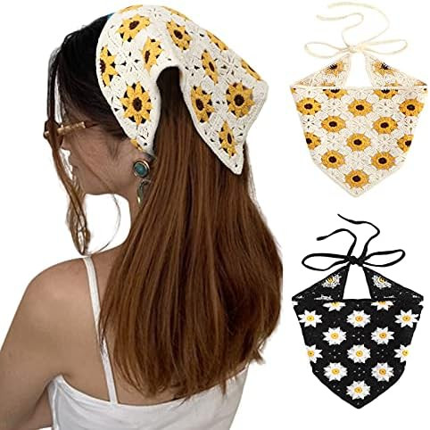 Crochet Bandana Head Kerchief Hair Scarf 2Pcs Knitted Hair Scarves Crochet Hair Kerchief Tie Bcak... | Amazon (US)