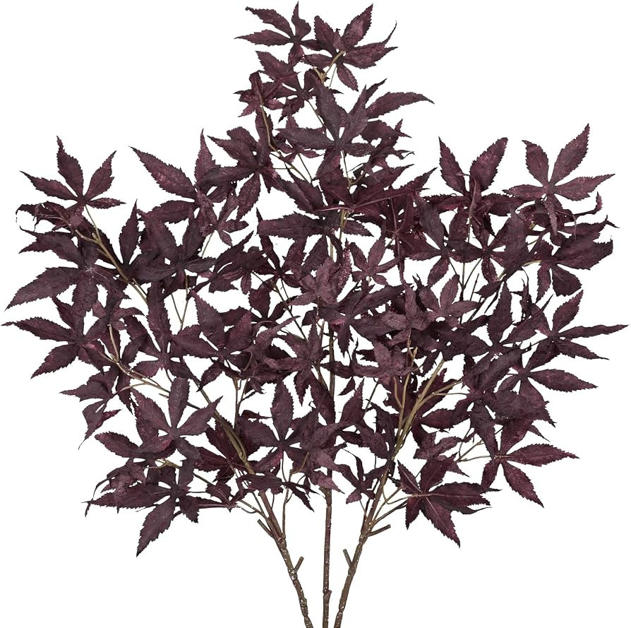 Hollyone 3Pcs Fall Leaf Stems Artificial Japanese Maple Leaves Branches Fake Fall Stems Plants Faux Maple Shrubs Leaf Bushes for Home Decor Autumn Halloween Thanksgiving Festival Decorations Burgundy | Amazon (US)