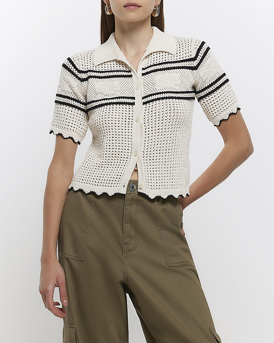 Cream crochet striped polo top | River Island (UK & IE)
