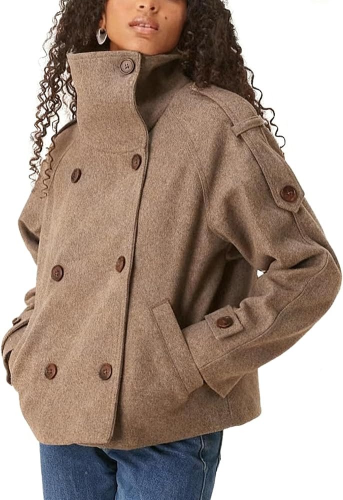 Womens Cropped Pea Coat Wool Blend Double Breasted Notched Stand Collar Trench Overcoat Jackets F... | Amazon (US)
