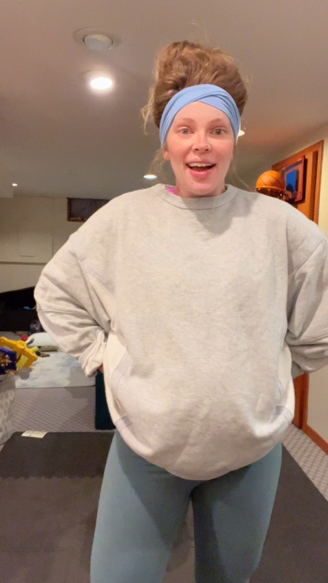 Aerie has been my jam for oversized sweatshirts this pregnancy! So comfy for a growing bump! 🥰❤️ I get my true to size medium and still fits oversized and comfy! Medium in leggings and large in sports bra and t shirt!!