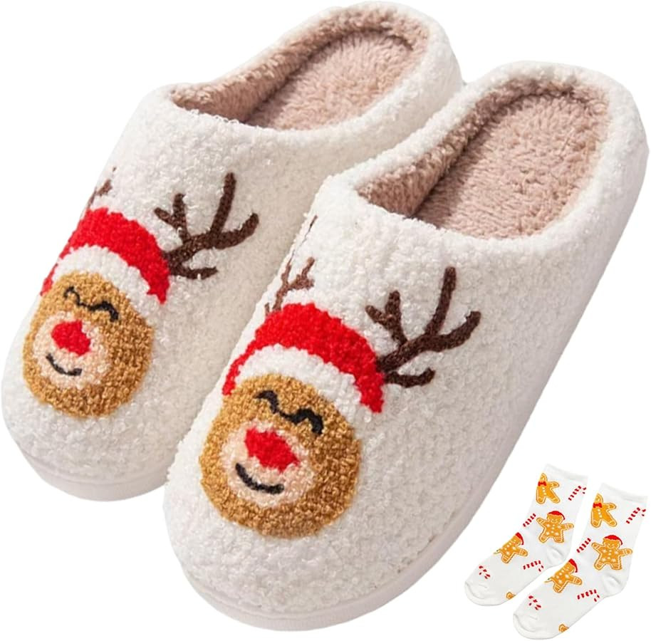 Christmas Reindeer Slippers House Shoes for Women Fluffy Soft Cozy Bedroom Cartoon Plush Cute Sli... | Amazon (US)