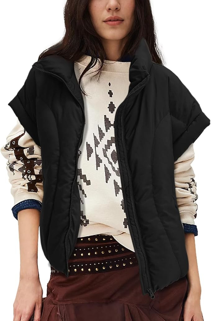 Womens Cropped Puffer Vest Oversized Padded Jackets Stand Collar Cap Sleeve Zip Up Vest Coat Wint... | Amazon (US)