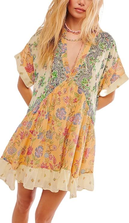 Women Bohemian Floral Mini Dress Boho Puff Sleeve V Neck Dress 2024 Summer Beach Short Dress(C12 ... | Amazon (US)