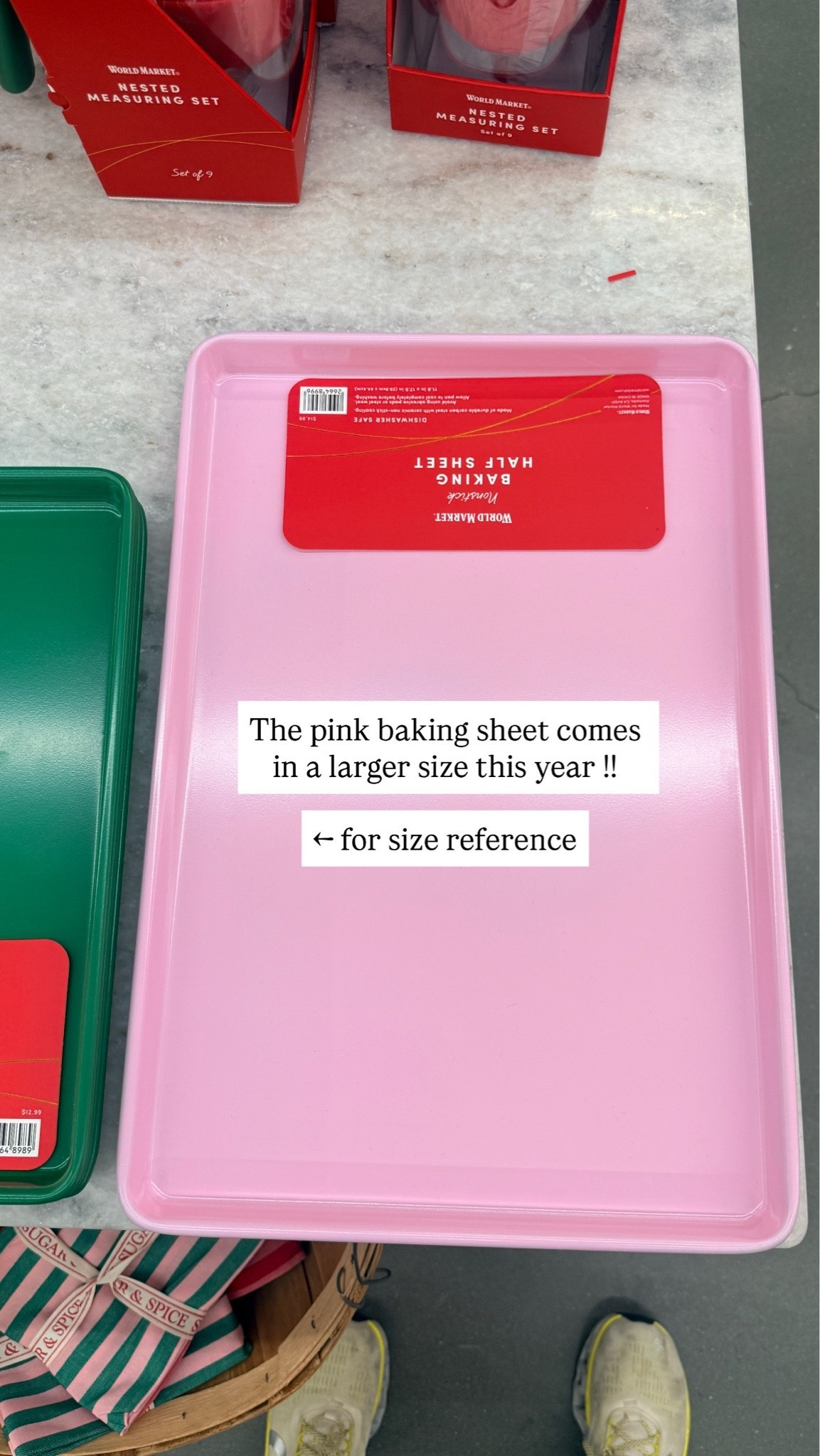 The viral pink baking sheet that y’all completely sold out last year after the baking gift idea now comes in a larger size! 

The pan to the left kind of gives an idea of a size reference 

Half sheet pan size compared to a quarter sheet (& only $2 more)

*if you order online for in-store pickup the code STORE10 gets you 10% off your order*
