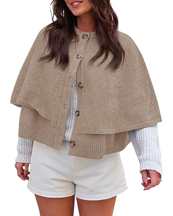 Saodimallsu Womens Cropped Cape Cardigan Button Up Crew Neck Jacket Shawl Fall Trendy Knit Sweate... | Amazon (US)