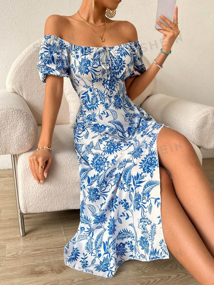 SHEIN Frenchy Floral Print Off Shoulder Split Thigh Dress | SHEIN