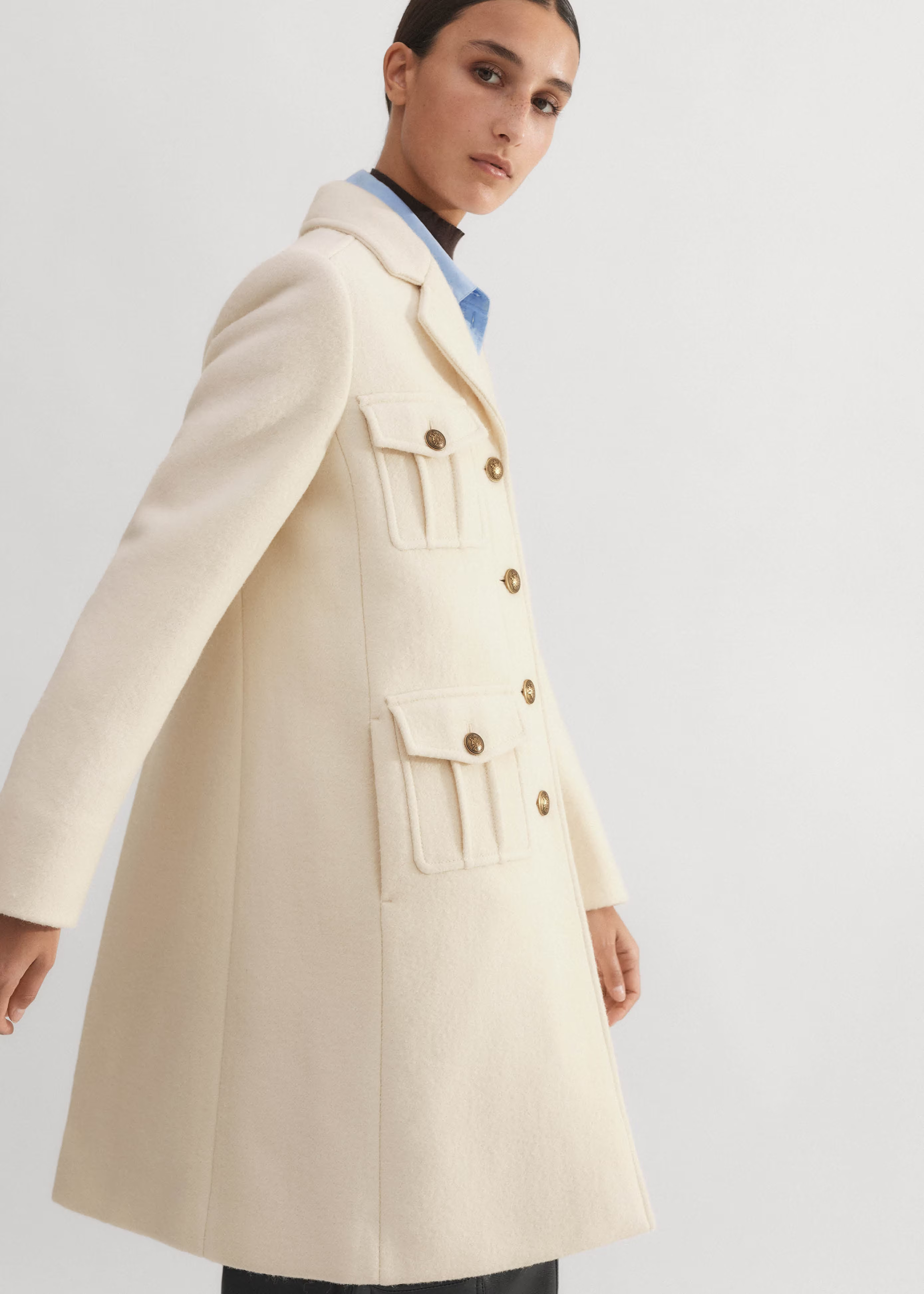 Women’s Ivory Wool-Blend Military A-Line Coat | ME+EM | ME+EM US
