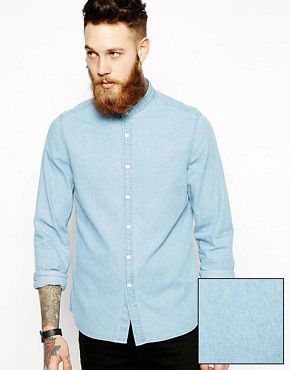 ASOS Denim Shirt In Long Sleeve With Grandad Collar | ASOS UK