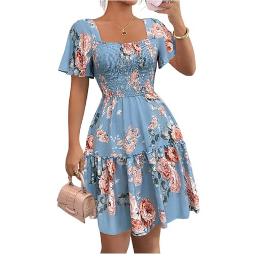 Floral Summer Dresses for Women 2026 Vacation Smocked Square Neck Mini Dress Flowy Short Flutter Sleeve Peasant Dress Boho Short Fit and Flare Ruffle Pretty Garden Sundress Cute Dresses Teen Girl | Amazon (US)