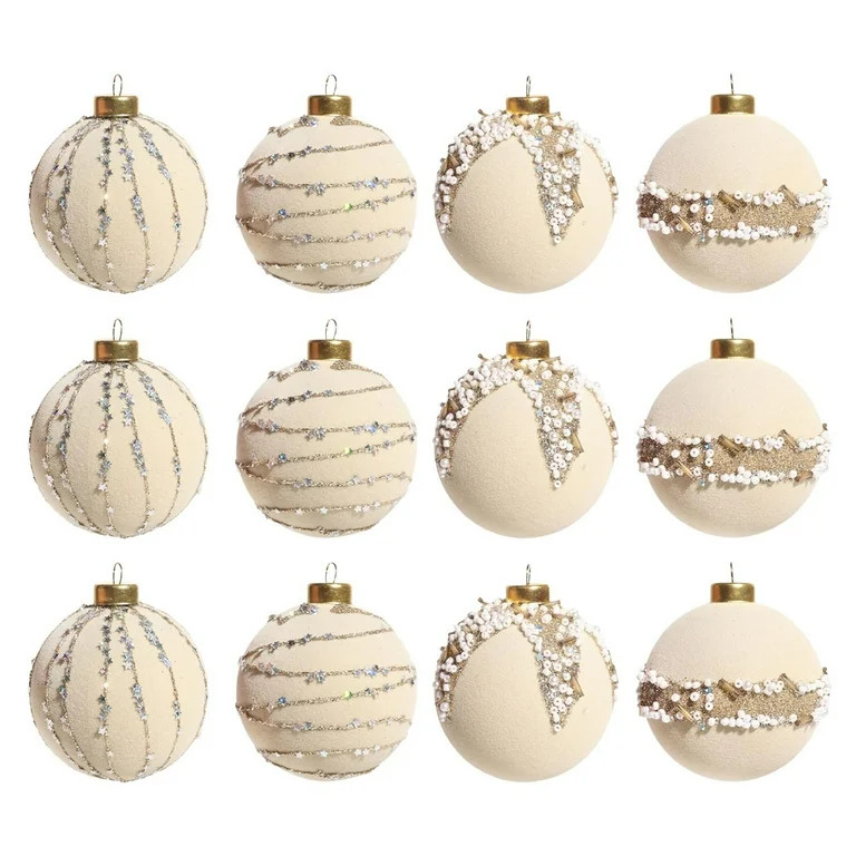 Cadorn 12 PCS Christmas Flocked Glitter Ornament Balls, Cream White Xmas Tree Hanging Decorations... | Walmart (US)