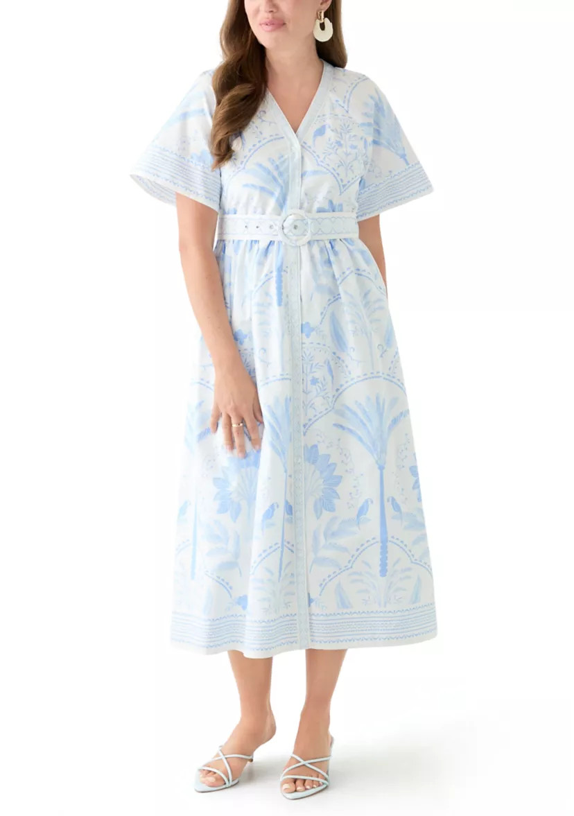 Petite Short Sleeve Embroidered Belted Midi Dress | Belk